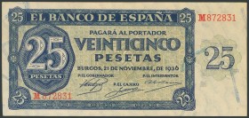 25 Pesetas. 21 de Noviembre de 1936. Serie M. (Edifil 2017: 419a). SC.