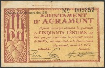 AGRAMUNT (LERIDA). 50 Céntimos. Abril 1937. Con marca de la alcaldía al dorso. (González: 6014). Inusual. MBC-.