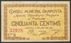 AMPOSTA (TARRAGONA). 50 Céntimos. 1 de Junio de 1937. Serie B. (González: 6275). MBC.