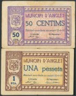 ANGLES (GERONA). 50 Céntimos y 1 Peseta. 22 de Junio de 1937. (González: 6290, 6291). MBC.