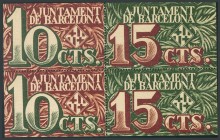 BARCELONA. 10 Céntimos (2) y 15 Céntimos (2), bloque de cuatro. 2 de Diciembre de 1937. Series A y B, respectivamente. (González: 6523/24). SC.