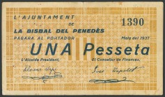 BISBAL DEL PENEDES (TARRAGONA). 1 Peseta. Mayo 1937. (González: 7093). Inusual. MBC-.