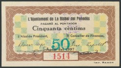 BISBAL DEL PENEDES (TARRAGONA). 50 Céntimos. Agosto 1937. (González: 7095). Inusual. SC.