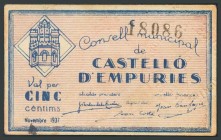 CASTELLO D´EMPURIES (GERONA). 5 Céntimos. Noviembre 1937. Serie C. (González: 7485). MBC+.