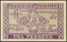 CENTELLES (BARCELONA). 1 Peseta. Julio 1937. Serie A. (González: 7549). SC.