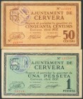 CERVERA (LERIDA). 50 Céntimos y 1 Peseta. Abril 1937. (González: 7556/57). Serie completa. MBC+.