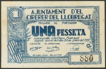 CIRERER DEL LLOBREGAT (BARCELONA). 1 Peseta. 24 de Julio de 1937. (González: 7598). Inusual. MBC+.