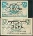 DOSRIUS (BARCELONA). 50 Céntimos y 1 Peseta. 12 de Mayo de 1937. Serie A, ambos. (González: 7721/22). Rara serie completa. MBC/EBC+.