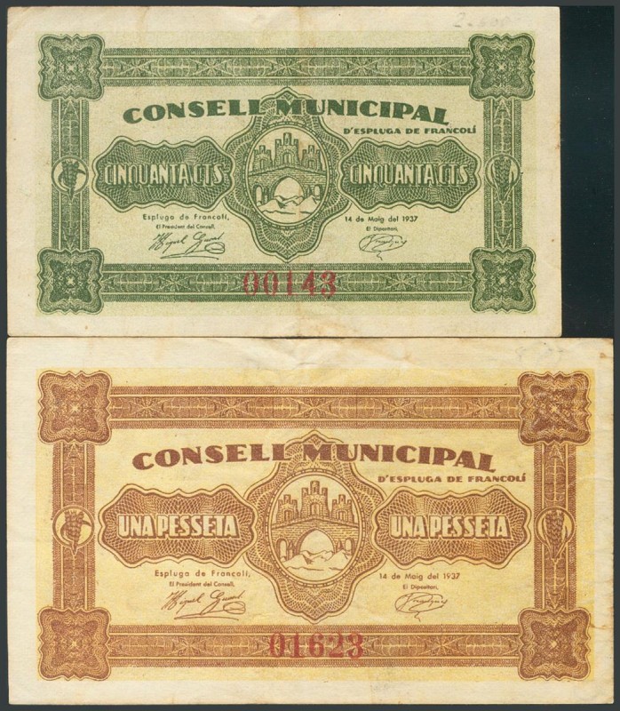 ESPLUGA DE FRANCOLI (TARRAGONA). 50 Céntimos y 1 Peseta. 14 de Mayo de 1937. (Go...
