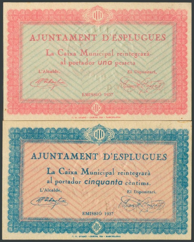ESPLUGUES DE LLOBREGAT (BARCELONA). 50 Céntimos y 1 Peseta. 1937. (González: 777...