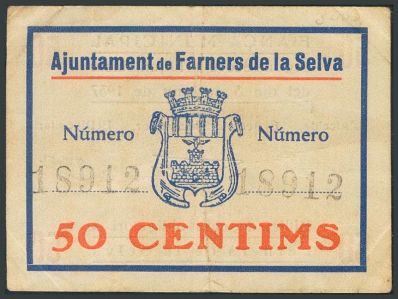 FARNERS DE LA SELVA (GERONA). 50 Céntimos. 3 de Junio de 1937. (González: 7829)....