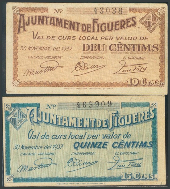 FIGUERES (GERONA). 10 Céntimos y 15 Céntimos. 30 de Noviembre de 1938. Sin serie...