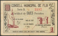 FLIX (TARRAGONA). 2 Pesetas. Mayo 1937. Serie B. (González: 7884). Raro. MBC.