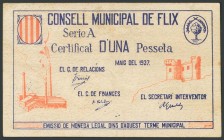 FLIX (TARRAGONA). 1 Peseta. Mayo 1937. Serie A. (González: 7885). Raro. EBC-.