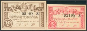 FONTS DE SACALM (GERONA). 5 Céntimos y 10 Céntimos. 12 de Mayo de 1937. Series E y D, respectivamente. (González: 7915/16). Inusual serie completa. SC...