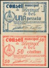 GLEVINYOL DE TER (BARCELONA). 50 Céntimos y 1 Peseta. Julio 1937. (González: 8053/54). Rara serie completa. EBC+/MBC.