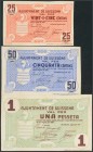 GUISSONA (LERIDA). 25 Céntimos, 50 Céntimos y 1 Peseta. 2 de Agosto de 1937. Sin numeración. (González: 8179/81). Inusual serie completa. SC/EBC+.