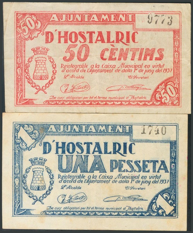 HOSTALRIC (GERONA). 50 Céntimos y 1 Peseta. Junio 1937. (González: 8232/33). Ser...
