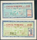JUIA (GERONA). 50 Céntimos y 1 Peseta. 1 de Junio de 1937. (González: 8288, 8289). Inusuales. SC-.