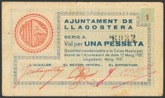 LLAGOSTERA (GERONA). 1 Peseta. 12 de Mayo de 1937. Serie A. (González: 8335). MBC.