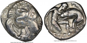 CALABRIA. Tarentum. Ca. 380-280 BC. AR diobol (11mm, 5h). NGC Choice VF. Ca. 325-280 BC. Ξ behind neck, head of Athena right, wearing crested Attic he...