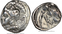 CALABRIA. Tarentum. Ca. 380-280 BC. AR diobol (11mm, 4h). NGC Choice VF. Head of Athena right, wearing crested Attic helmet decorated with figure of S...