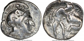 CALABRIA. Tarentum. Ca. 380-280 BC. AR diobol (12mm, 2h). NGC VF. Ca. 325-280 BC. Head of Athena right, wearing crested Attic helmet decorated with fi...