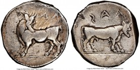 LUCANIA. Laus. Ca. 480-460 BC. AR stater (16mm, 7.91 gm, 1h). NGC VF 5/5 - 3/5, brushed. ΛAS (retrograde), man-faced bull standing left, head reverted...