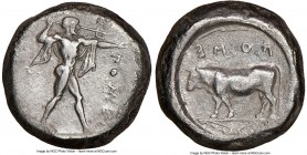 LUCANIA. Poseidonia. Ca. 470-420 BC. AR stater (17mm, 5h). NGC VF, brushed. ΠΟΣE, Poseidon striding right, nude but for chlamys spread across shoulder...