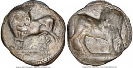 LUCANIA. Sybaris. Ca. 550-510 BC. AR stater (27mm, 7.80 gm, 12h). NGC Choice VF 5/5 - 2/5, edge bend. Bull standing left, head right, on beaded double...