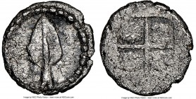 MACEDONIAN KINGDOM. Alexander I (ca. 498-454 BC). AR hemiobol (7mm, 12h). NGC VF. Vertical spearhead in beaded border / Quadripartite incuse square. S...