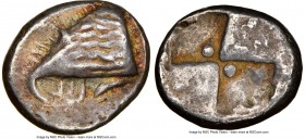 PAPHLAGONIA. Sinope. Ca. 490-425 BC. AR drachm (17mm). NGC Choice VF. Stylized head of sea eagle left; tuna fish below / Quadripartite incuse punch wi...