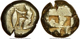 MYSIA. Cyzicus. Ca. 500-450 BC. EL stater (18mm, 16.26 gm). NGC Choice Fine 4/5 - 4/5. Nude youth kneeling left, holding tunny fish by the tail in rig...