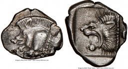MYSIA. Cyzicus. Ca. 5th century BC. AR diobol(?) (11mm, 10h). NGC Choice XF, brushed. Forepart of boar left, tunny upward behind / Head of roaring lio...