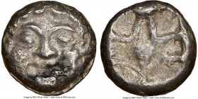 MYSIA. Parium. Ca. 500-450 BC. AR drachm (12mm). NGC Choice XF. Gorgoneion facing with open mouth and protruding tongue / Crude disjointed incuse squa...