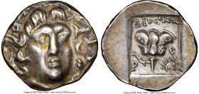 CARIAN ISLANDS. Rhodes. Ca. 125-88 BC. AR hemidrachm (12mm, 12h). NGC AU. 'Plinthophoric' coinage. Diognetus, magistrate. Radiate head of Helios facin...
