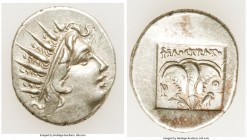 CARIAN ISLANDS. Rhodes. Ca. 88-84 BC. AR drachm (15mm, 2.36 gm, 11h). About XF. Plinthophoric standard, Philostratus, magistrate. Radiate head of Heli...