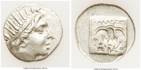 CARIAN ISLANDS. Rhodes. Ca. 88-84 BC. AR drachm (14mm, 2.38 gm, 11h). XF. Plinthophoric standard, Callixei(nos), magistrate. Radiate head of Helios ri...