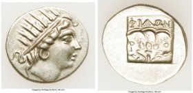 CARIAN ISLANDS. Rhodes. Ca. 88-84 BC. AR drachm (15mm, 2.02 gm, 12h). XF. Plinthophoric standard, Philon, magistrate. Radiate head of Helios right / Φ...