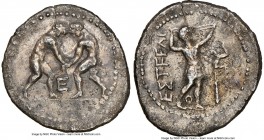 PAMPHYLIA. Aspendus. Ca. 325-250 BC. AR stater (24mm, 1h). NGC VF. Two wrestlers grappling; E between / ΕΣΤFΕΔΙ, slinger standing right, placing bulle...