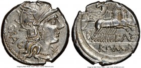 L. Antestius Gragulus (136 BC). AR denarius (19mm, 3.98 gm, 12). NGC AU 3/5 - 4/5. Rome. GRAG, head of Roma right, wearing pendant earring, necklace a...