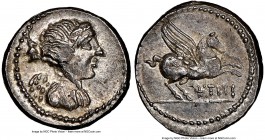 Q. Titius (ca. 90 BC). AR quinarius (13mm, 2.18 gm, 9h). NGC Choice AU 4/5 - 5/5. Rome. Draped and winged bust of Victory right / Q•TITI, Pegasus leap...