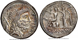 M. Nonius Sufenas (ca. 59/57 BC). AR denarius (18mm, 3.93 gm, 5h). NGC Choice VF 4/5 - 4/5. Rome. SVFENAS-S•C, head of Saturn right; harpa above stone...