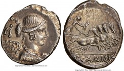 T. Carisius (ca. 46 BC). AR denarius (18mm, 3.19 gm, 10h). NGC AU 4/5 - 3/5, brushed, edge chip. Rome. S•C, draped and winged bust of Victory right, w...