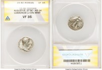 Augustus (27 BC-AD 14). AR denarius (19mm, 7h). ANACS VF 35. Lugdunum, ca. 15-13 BC. AVGVSTVS-DIVI•F, bare head of Augustus right / IMP-X, Apollo Cith...