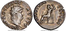 Nero, as Caesar (AD 54-68). AR denarius (18mm, 3.22 gm, 5h). NGC XF 5/5 - 3/5, edge cut. Rome, ca. AD 67/8. IMP NERO CAESAR - AVG P P, laureate head o...