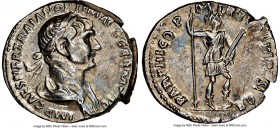 Trajan (AD 98-117). AR denarius (18mm, 6h). NGC AU. Rome, AD 114-117. IMP CAES NER TRAIAN OPTIM AVG GERM DAC, laureate, draped bust of Trajan right / ...