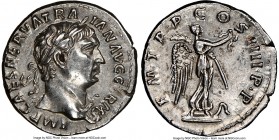 Trajan (AD 98-117). AR denarius (18mm, 6h). NGC AU. Rome, AD 101-102. IMP CAES NERVA TRA-IAN AVG GERM, laureate bust of Trajan right, drapery on left ...