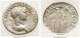 Trajan (AD 98-117). AR denarius (19mm, 3.25 gm, 6h). About Fine. Rome, AD 113-114. IMP TRAIANO AVG GER DAC P M TR P COS VI P P, laureate and draped bu...