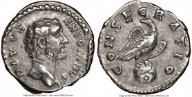 Divus Antoninus Pius (AD 138-161). AR denarius (17mm, 6h). NGC Choice VF. Rome, AD 161. DIVVS-ANTONINVS, bare head of Divus Antoninus Pius right / CON...
